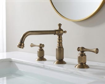 Antique Brass Widespread Bathroom Sink Faucet 3 Hole Vanity Mixer Deck Mount Vintage Tap