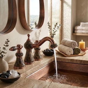 Könnte beinhalten: Ein kupferfarbener Badezimmerhahn mit marmorähnlichem Finish. Der Wasserhahn steht auf einer neutralfarbenen Arbeitsplatte und einem kupferfarbenen Waschbecken. Gerollte Handtücher, eine brennende Kerze und dekorative Steine vervollständigen das Spa-ähnliche Ambiente.
