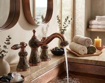 Widespread Sink Faucet Antique Brass Marble Handle Vintage Vanity Fixture Bathroom Tap