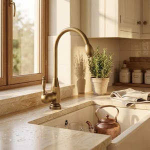 Rubinetto da cucina in ottone, monocomando, ad arco alto, miscelatore per lavello, stile antico vintage, montaggio su piano.
