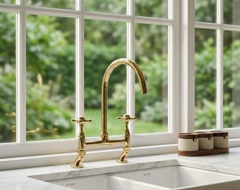 Brass Bridge Kitchen Faucet Gold Farmhouse Sink Dual Handle Vintage High Arc Mixer Tap