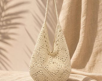 Summer Crochet Tote Bag, Cotton Shoulder Purse, Vacation Boho Beach Carryall, Hollow Out Hobo Handbag, Large Capacity Gift Idea For Women