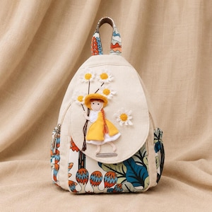 Linen Mini Backpack, Embroidered Daypack, Floral Book Bag, Ethnic Travel Purse, Daisy Rucksack, Canvas 3D Small Bags, Girls Gift Idea