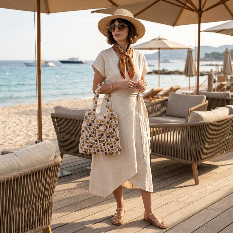 May include: A woman wearing a beige dress, straw hat, and sunglasses stands on a wooden deck near the beach. She carries a crocheted tote bag with brown, yellow, and beige accents. A patterned scarf and sandals complete the look.