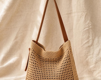 Summer Crochet Tote Bag, Khaki Woven Shoulder Satchel, Vacation Accessory, Large Capacity Market Boho Purse, Women Gift, Beach Carryall