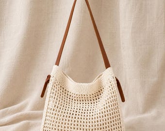 Summer Crochet Tote Bag, Beige Woven Shoulder Satchel, Vacation Accessory, Large Capacity Market Boho Purse, Women Gift, Beach Carryall
