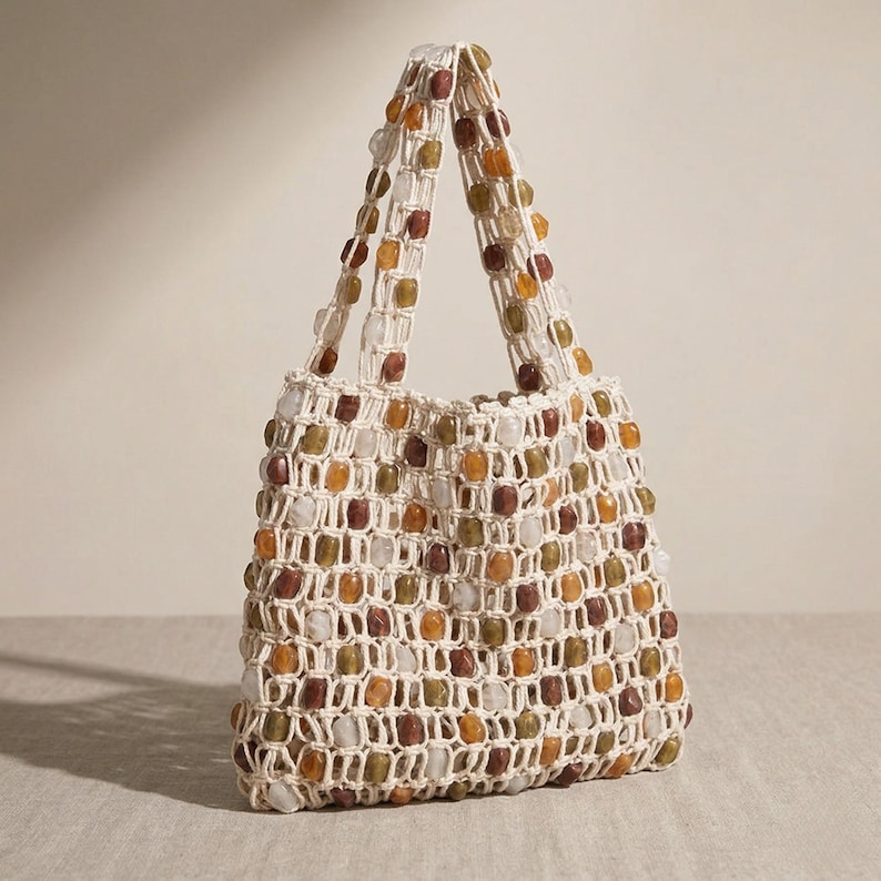 May include: A handmade tote bag with a cream-colored crocheted net design. The bag is adorned with square-shaped beads in shades of brown, orange, green, and white. The handles are also beaded. This stylish bag is perfect for carrying groceries or other items.