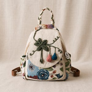 Linen Women Backpack, Embroidered Daypack, Cartoon Fashion Bag, Ethnic Travel Purse, College Rucksack, Canvas 3D Small Bags, Girls Gift Idea