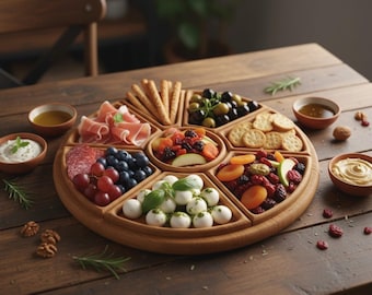 Tabla de madera para embutidos, bandeja de aperitivos dividida, bandeja para servir, tabla de quesos, bandeja de aperitivos, bandeja para servir, bandeja de comida seccionada, tabla para fiestas