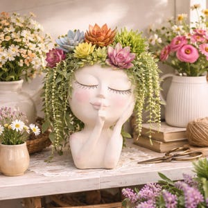 Girl Face Planter Vase Artistic Head Planter Cute Woman Face Flower Pot Unique Home Decor Planter Indoor Plant Pot Gift for Plant Lovers