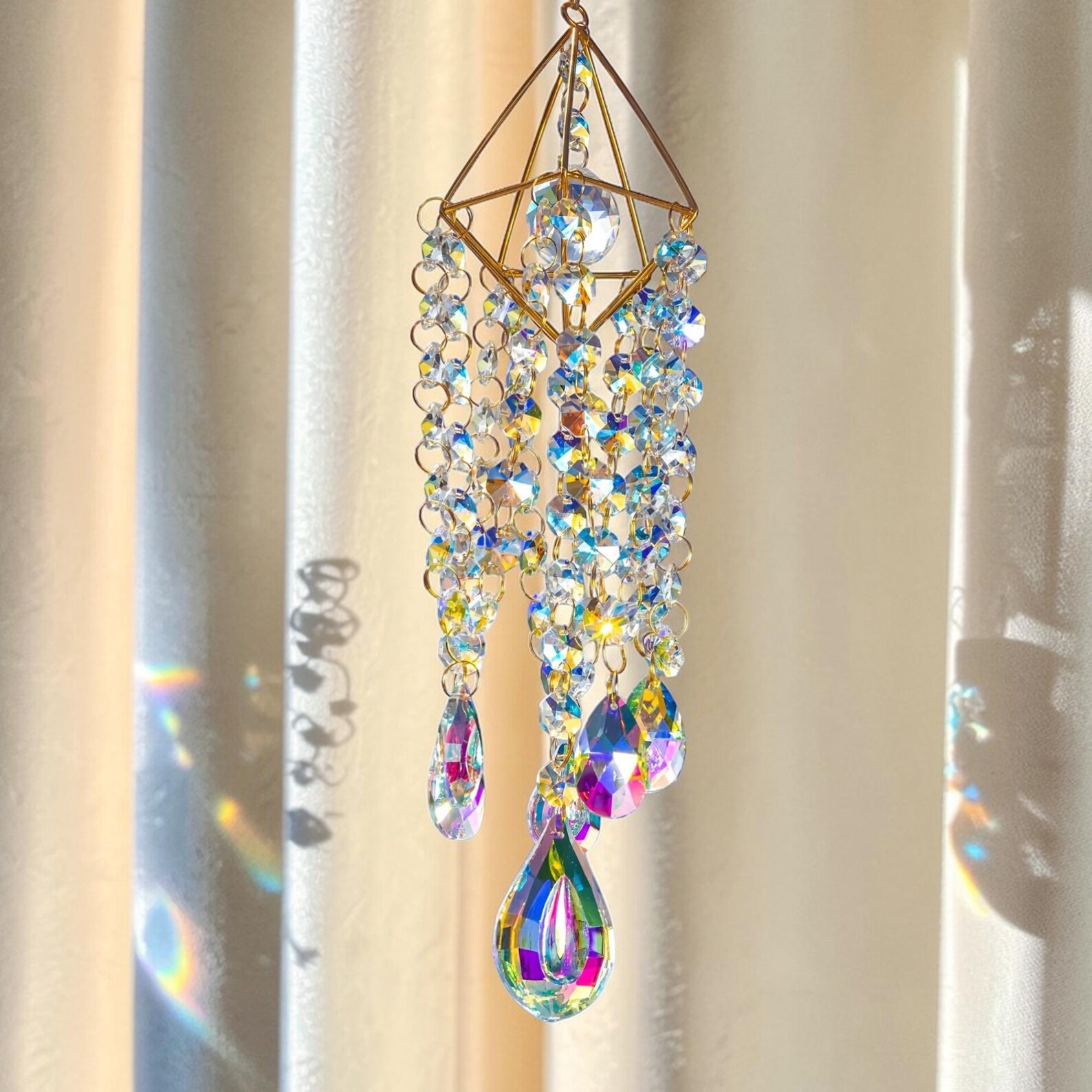 Crystal Suncatcher Rainbow Maker Hanging Prism Wind Chime Gold Window ...