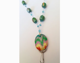 Colorful Elliptic Charm ID Badge Holder, polymer Clay Sculpted, Name tag Holder Beaded Lanyard Fashion Necklace