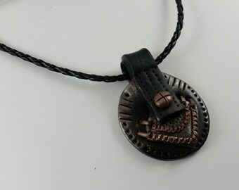 Leather Look Man Necklace Pendant, Black & Brown HANDMADE Polymer Clay Sculpted, Round and Arrow Shape, Bride Black Leather Cord