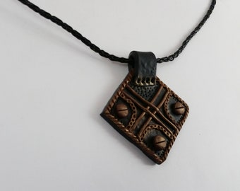 Leather Look Man Necklace Pendant, Black & Brown HANDMADE Polymer Clay Sculpted, Black Leather Cord