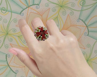 BOHO Style Ring, Handmade Beaded Fashion Statement Ring, Colorful Glass Beads & Clear Crystals, Size 8. Metal Free, CHARMING