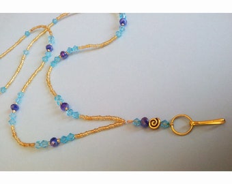 Gold Spiral & Blue Crystals ID Badge Holder, Tag Name Holder, Lanyard Fashion Necklace Nurse / Teacher / Office Tag