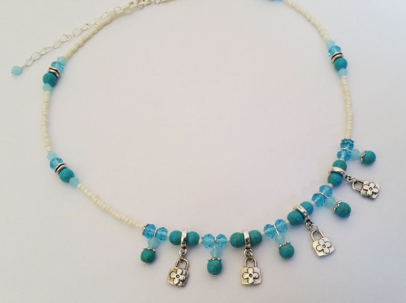 Turquoise Gems & Crystals Sea Colors Silver Fashion Necklace and Pendants, Israeli Fashion Jewelry Beaded Lanyard image 5