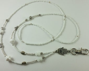 Good Luck Silver Hamsa (Hand) Clear & White ID Badge Holder HANDMADE Lanyard Fashion Necklace Name Tag Necklace