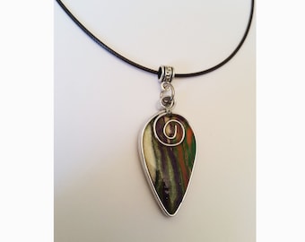 Colorful Pendant HANDMADE Silver Metal & Polymer Clay sculpted, Dark Brown Cord