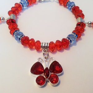 Silve Red Butterfly & Blue  PET Dog Cat Necklace Collar HANDMADE Beaded Pets Jewelry