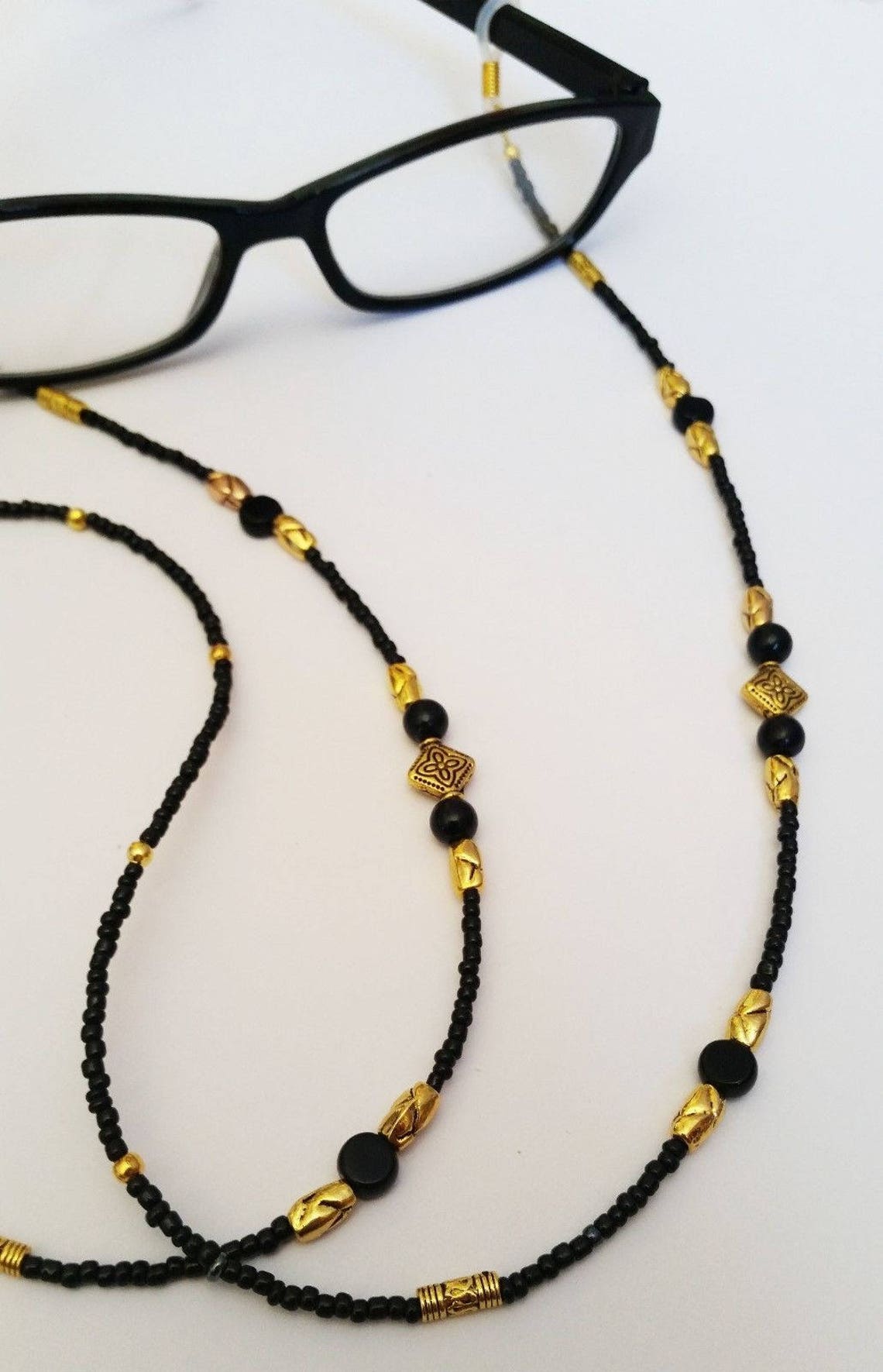 GOLD & Black Glass Eye Glasses Holder Beaded Lanyard Etsy Israel