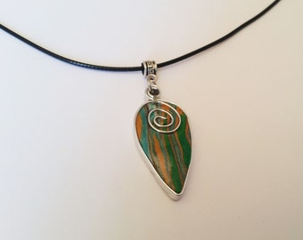 Colorful Pendant HANDMADE Silver Metal & Polymer Clay sculpted, Black Cord