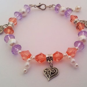 Pearls Beads & Silver Heart PET Dog Cat Necklace Collar HANDMADE Orange/Purple Beaded Pet Collar Jewelry
