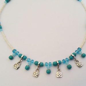 Turquoise Gems & Crystals Sea Colors Silver Fashion Necklace and Pendants, Israeli Fashion Jewelry Beaded Lanyard image 1