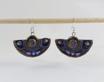 Purple & Bronze BOHO Style Fan Shape Hook Fashion Earrings, HANDMADE Polymer Clay Sculpted, Ethnic Gypsy Fashion