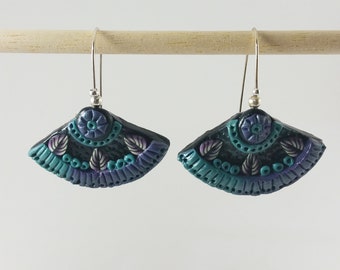 BOHO Style Fan Shape Hook Fashion Earrings, HANDMADE Polymer Clay Sculpted, Ethnic Gypsy Fashion, Black Purple & Turquoise