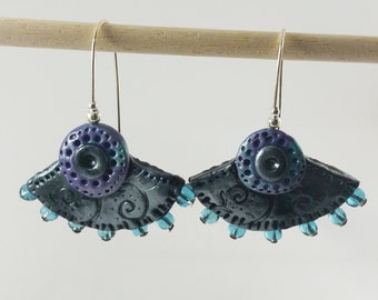 BOHO Style Fan Shape Hook Fashion Earrings, HANDMADE Polymer Clay Sculpted, Ethnic Gypsy Fashion