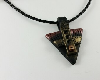 Leather Look Man Necklace Pendant, Black & Brown HANDMADE Polymer Clay Sculpted, Triangle Shape, Bride Black Leather Cord