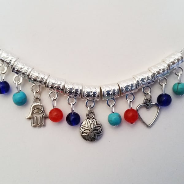 BOHO Gypsy Style Hamsa Hand LUCK & LOVE Necklace Silver Gems Pendants Beads Lanyard, Israeli Fashion Silver Necklace