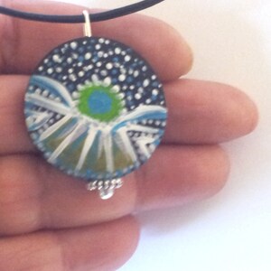 Hand Painted Necklace Pendant, Green Sunset on Wood, Leather Chain Fashion ONE of KIND