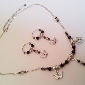 Charming Fashion Jewelry SET Hoop Earrings + Necklace Chain Silver Butterflies & Back / Gray Crystals, Gift Set Box, Israeli Jewelry Style