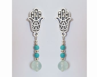 Hamsa Hand Silver Knot Earrings & Gemstones, Israeli Jewelry Ethnic/Gypsy Style Fashion Hoop Earrings