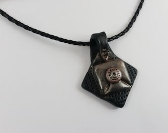 Leather Look Man Necklace Pendant, Black & Brown HANDMADE Polymer Clay Sculpted, Bride Black Leather Cord