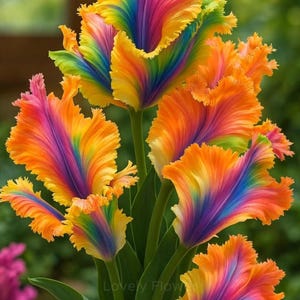 May include: A vibrant bouquet of parrot tulips in full bloom. The petals display a stunning spectrum of colors, including orange, yellow, pink, and blue, creating a rainbow effect. The text "Lovely Flow" is visible on the image.