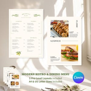 Puede incluir: Una plantilla moderna de menú de bistró y comedor con un diseño minimalista. El menú presenta secciones para sándwiches, pasteles, panqueques y bebidas. El diseño incluye ilustraciones de ramas de olivo y el texto "BREAKFAST". El logotipo de Canva es visible.