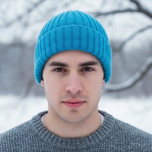 May include: A person wearing a bright blue ribbed knit beanie and a gray sweater. The background is a snowy, winter scene with bare tree branches. The beanie is a vibrant pop of color against the muted tones.