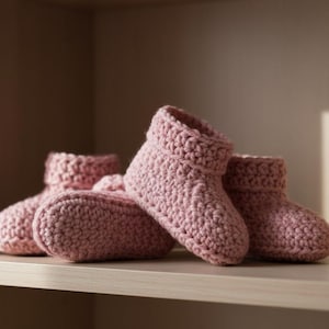 May include: A collection of four handmade, light pink crochet booties. The booties are arranged on a light-colored shelf. The crochet stitch is visible, and the booties have a folded-over cuff. The soft pink color suggests a baby or children's item.