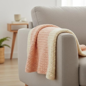 May include: A peach and cream-colored knitted throw blanket draped over the arm of a gray sofa. The blanket has a textured pattern and is folded to display the color gradient. A potted plant and side table are in the background.
