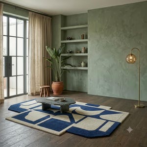 Marineblauw vloerkleed op maat (8x11 voet), crèmekleurig geometrisch vloerkleed, modern abstract vloerkleed, funky onregelmatige vorm, tapijt voor de woonkamer, mid-century stijl.