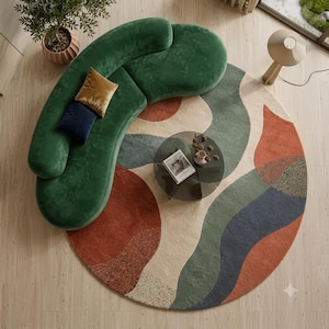 Modern rond vloerkleed, kleurrijk abstract geometrisch vloerkleed met golvende organische vormen, esthetische slaapkamerdecoratie, roestbruin, saliegroen, getuft