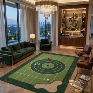 Peut inclure: Un tapis rectangulaire représentant un green de golf vert avec des cercles concentriques, un trou central avec un drapeau rouge, un motif de bunker de sable et trois balles de golf blanches. Un putter en métal repose sur le sol à proximité.