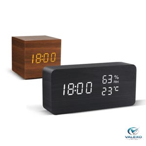 Reloj despertador LED de madera: control por voz, indicador de temperatura, reloj de escritorio minimalista.