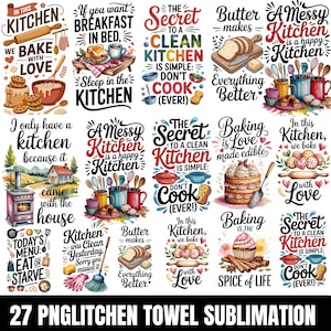 Pode incluir: Uma coleção de 27 designs de sublimação com tema de cozinha para toalhas. Os designs apresentam várias frases e ilustrações relacionadas com cozinhar, assar e a vida na cozinha, incluindo citações como "Nós cozinhamos com amor" e "Cozinhar é amor".