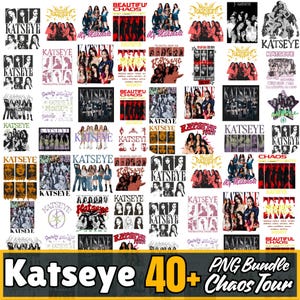 以下が含まれることがあります： KATSEYEバンドの40以上のPNG画像コレクション。画像には、さまざまなプロモーション資料、ツアーグラフィック、バンドメンバーのポートレートが含まれています。カラーパレットには、黒、白、赤、金が含まれます。テキストには「KATSEYE」と「Chaos Tour」が含まれています。