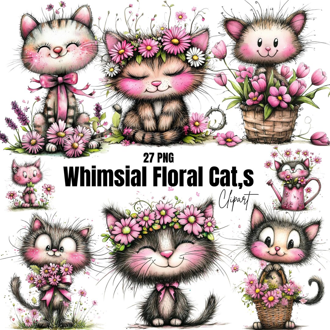 27 PNG Floral Kitten Clipart – Cute Cat PNG – Whimsical Pet ...