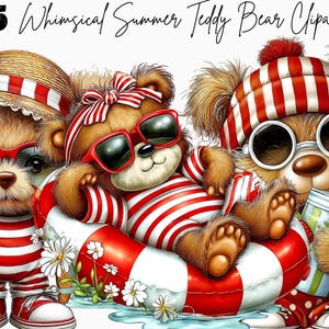 May include: Illustration of three teddy bears in summer attire. One bear wears a straw hat and red sunglasses, another wears a red and white striped bow and sunglasses, and the third wears a striped hat and sunglasses. The bears are surrounded by daisies and a life preserver.